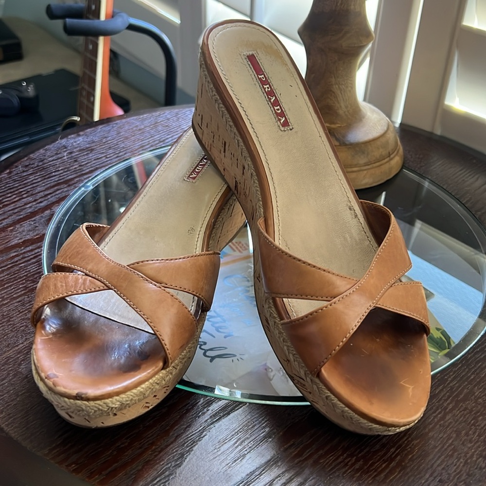 Prada Brown Leather Wedge Sandals